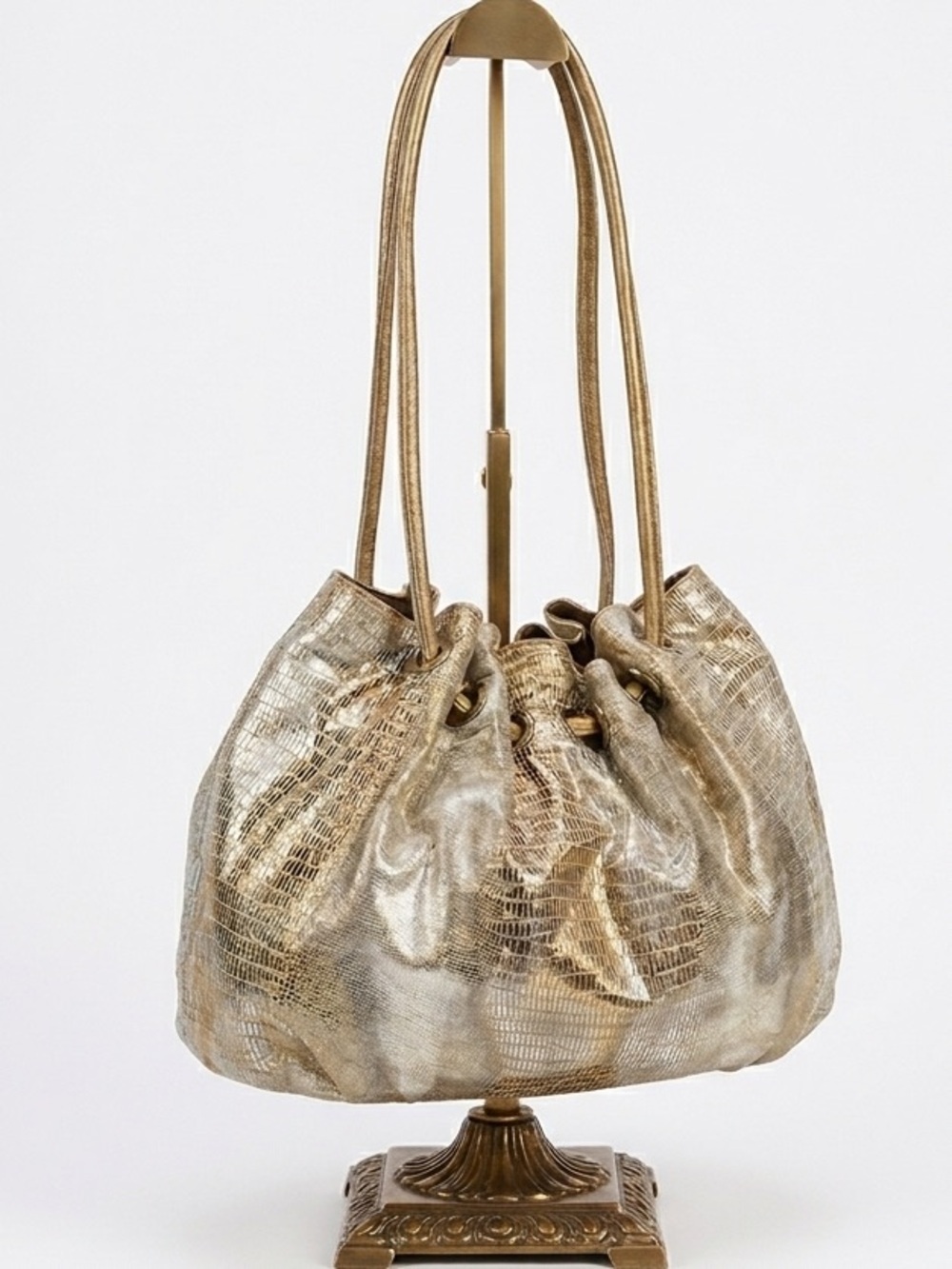 Chez by Cheryl Nordstrom Snake Embossed Gold Metallic Drawstring Shoulder Bag